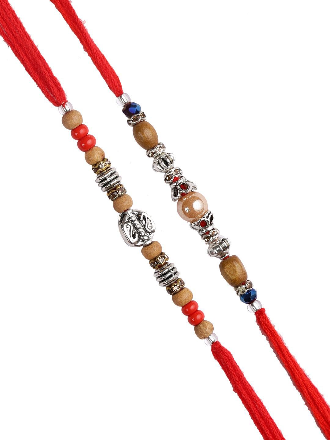 Anouk Set Of 2 Silver-Toned Beaded Rakhi With Roli Rice & Greeting Card