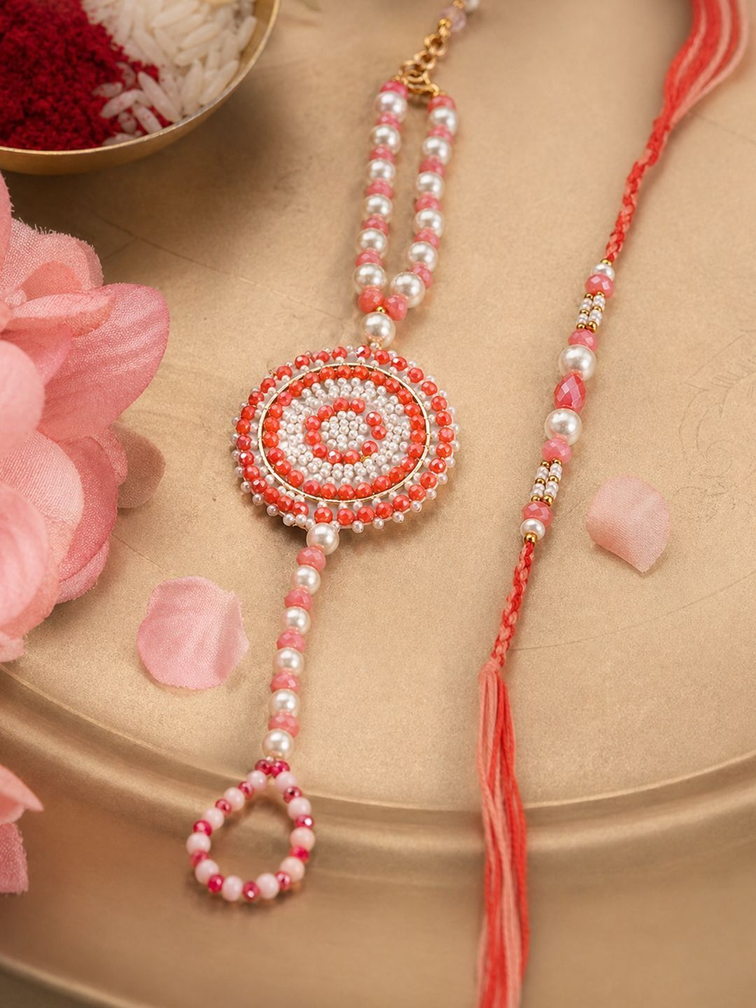 Anouk Set Of 2 Gold Toned Pearls & Beads Round Shape Bhaiya Bhabhi Rakhi With Roli Chawal