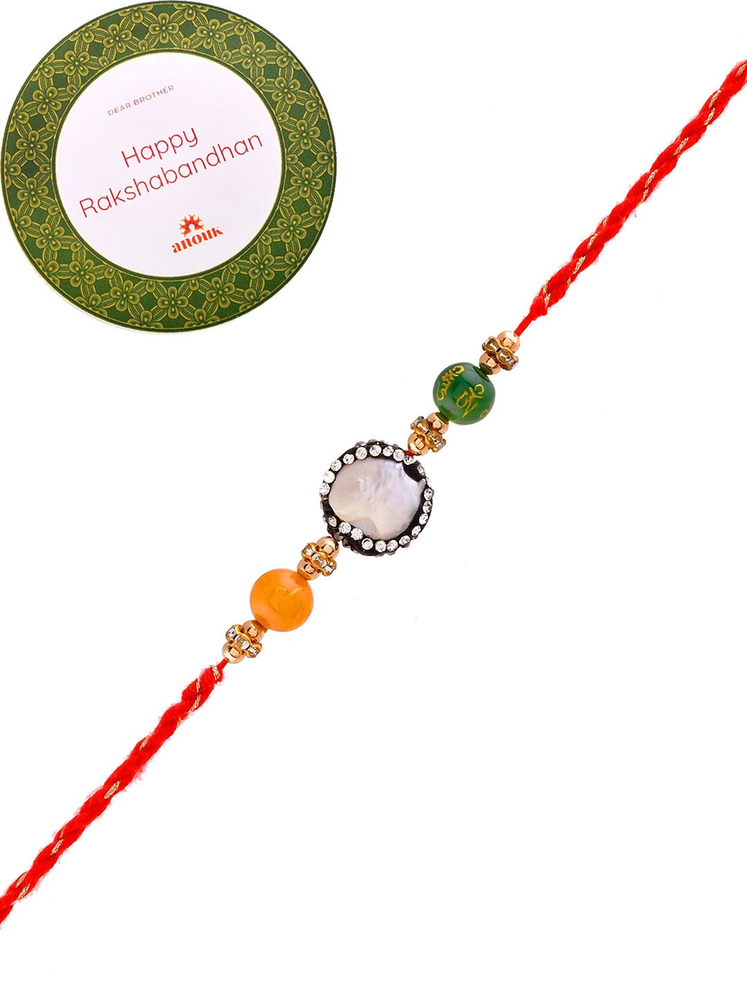 Anouk Orange Stone Studded & Beaded Thread Rakhi With Roli Chawal & Greeting Card