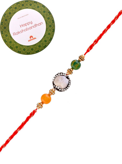 Anouk Orange Stone Studded & Beaded Thread Rakhi With Roli Chawal & Greeting Card