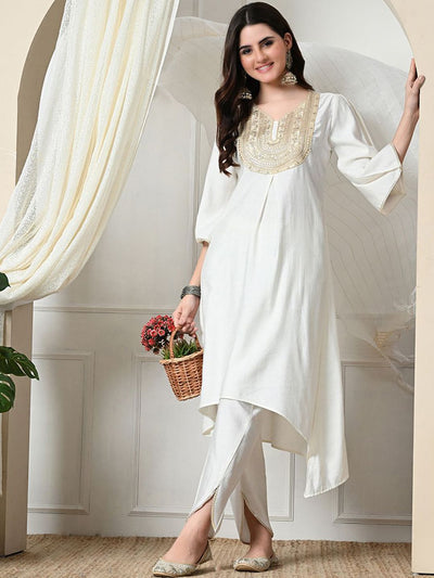 Indyancart SN Women's Sequinned V-Neck A-Line Kurta With Dhoti Pants & Dupatta