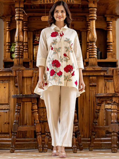 Indyancart IE Floral Embroidered Thread Work Pure Cotton Shirt with Trousers