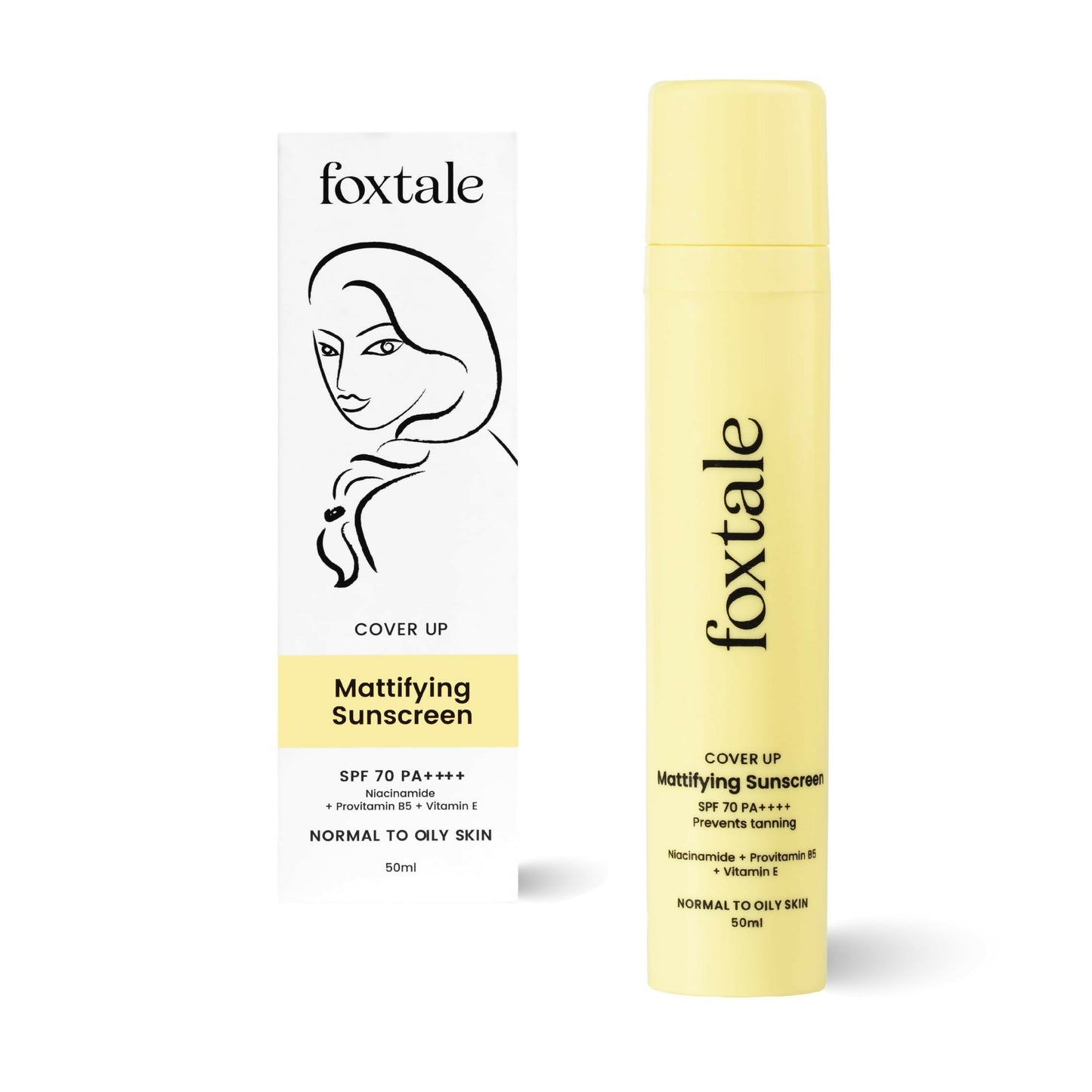 Foxtale Niacinamide Sunscreen SPF 70+ PA++++ bottle with UV protection and mattifying finish, designed to prevent tanning.
