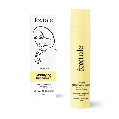 Foxtale Niacinamide Sunscreen SPF 70+ PA++++ bottle with UV protection and mattifying finish, designed to prevent tanning.
