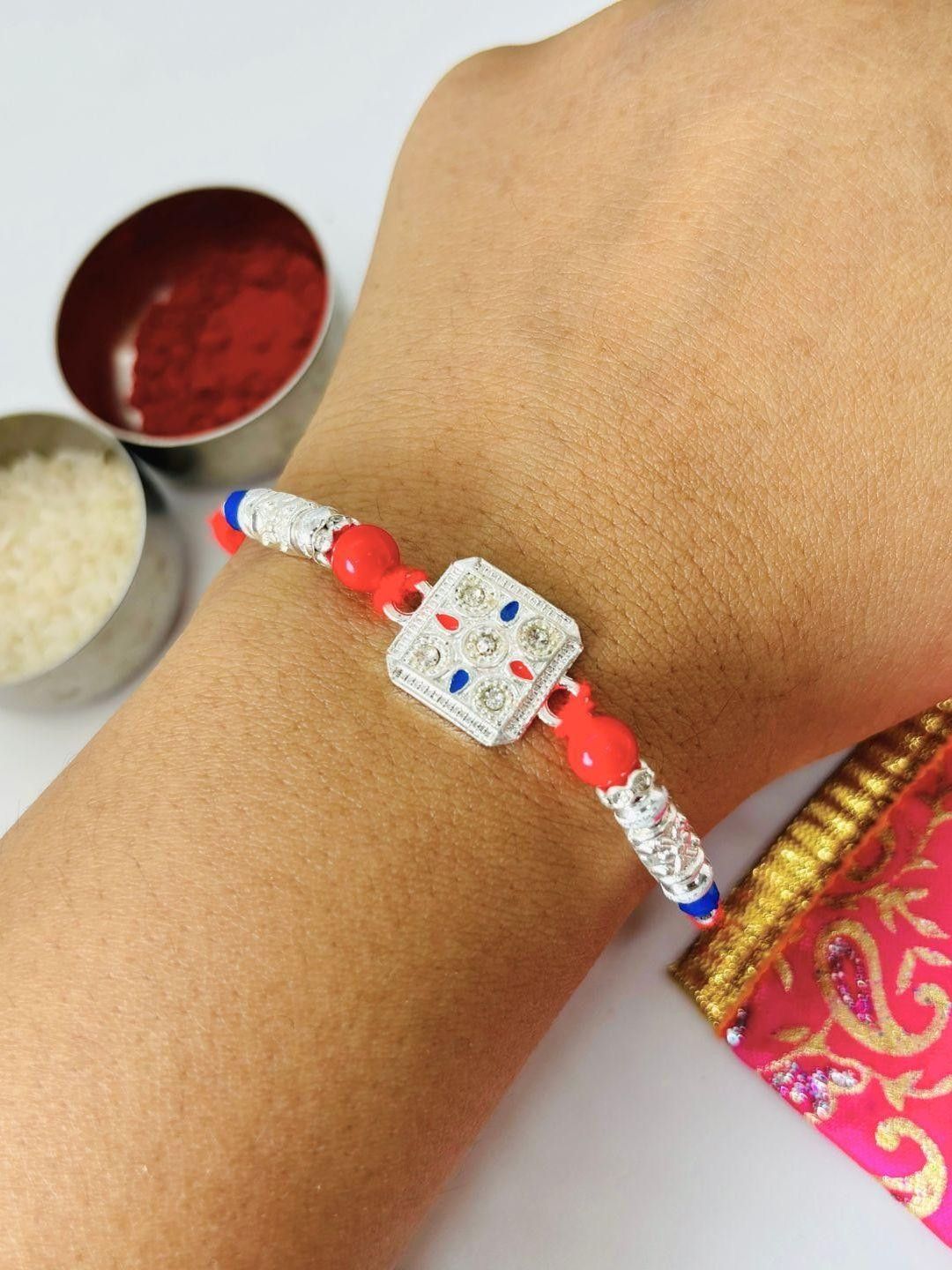 German Silver Stone Studded & Beaded Thread Rakhi Traditional Handmade Rakhi for Brother
