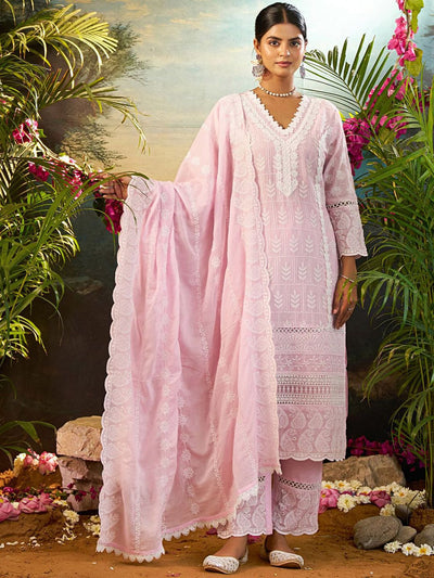 Indyancart IE Women Ethnic Motifs Embroidered Cotton Kurta with Trousers & Dupatta
