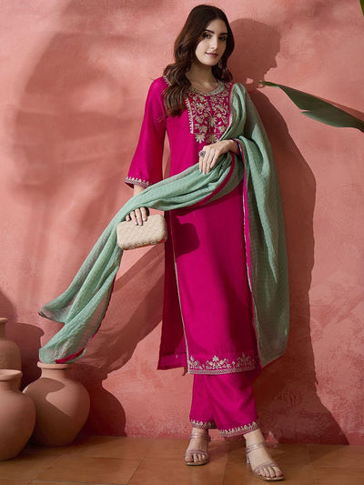 Indyancart SN Women's Zari Sequence Embroidered Straight Kurta Trousers With Dupatta