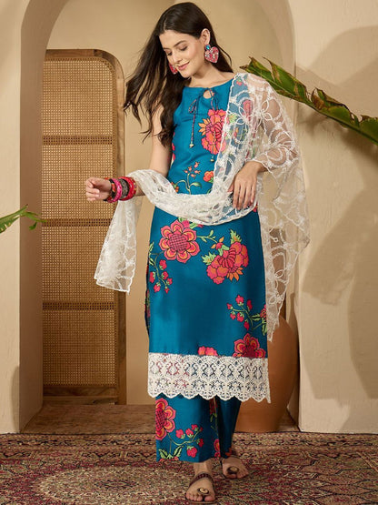 Indyancart SN Women's Floral Printed Straight Kurta & Palazzo With Dupatta