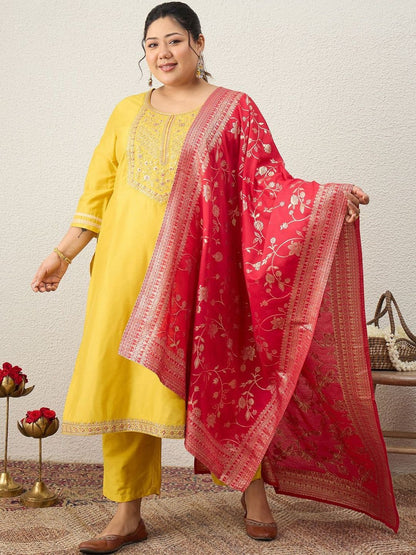 Indyancart Women's Ethnic Motifs Embroidered Regular Kurta with Trousers & With Dupatta