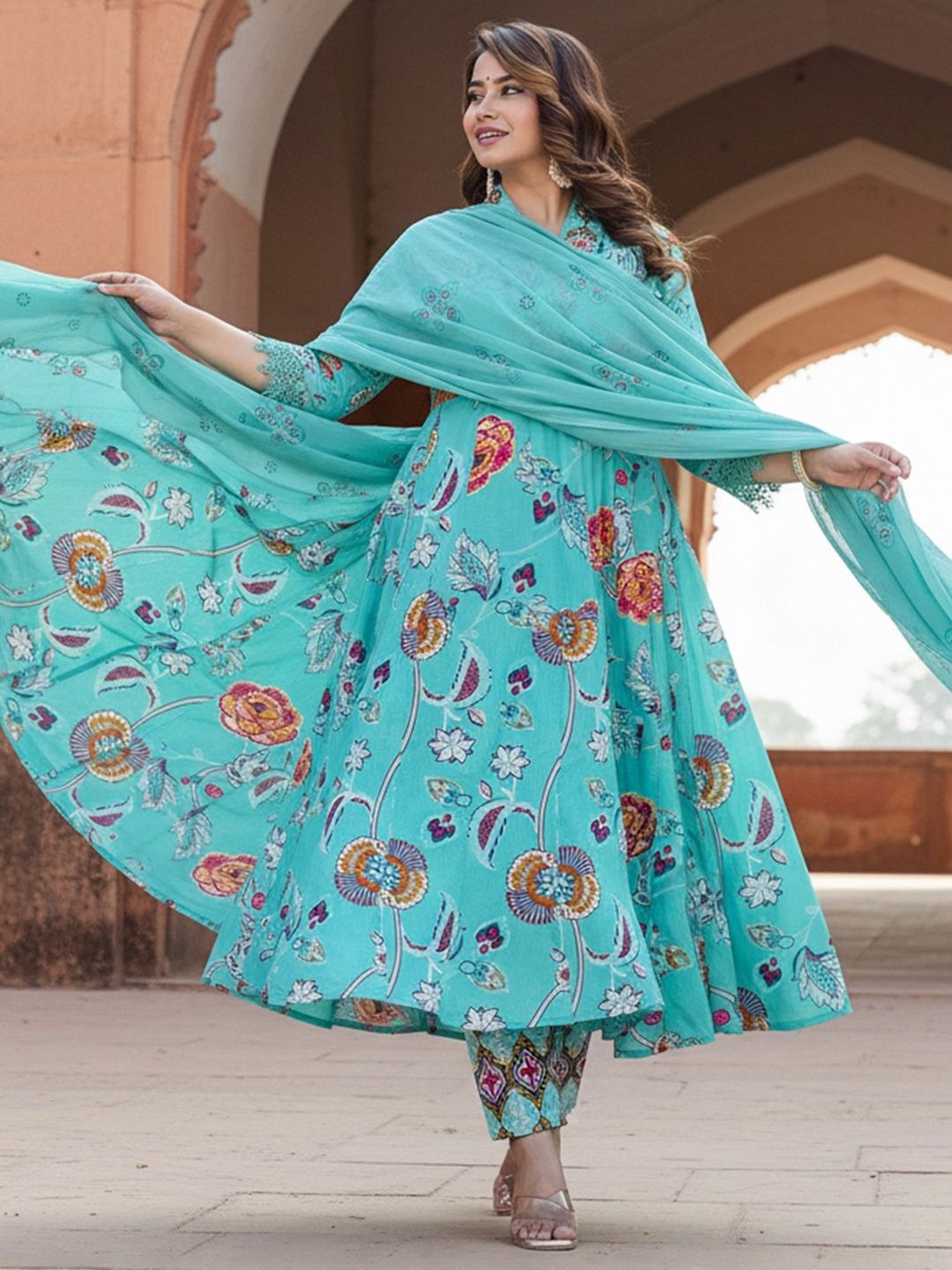 Floral Printed Tiered Mirror Work Pure Cotton Kurta With Trousers & Dupatta