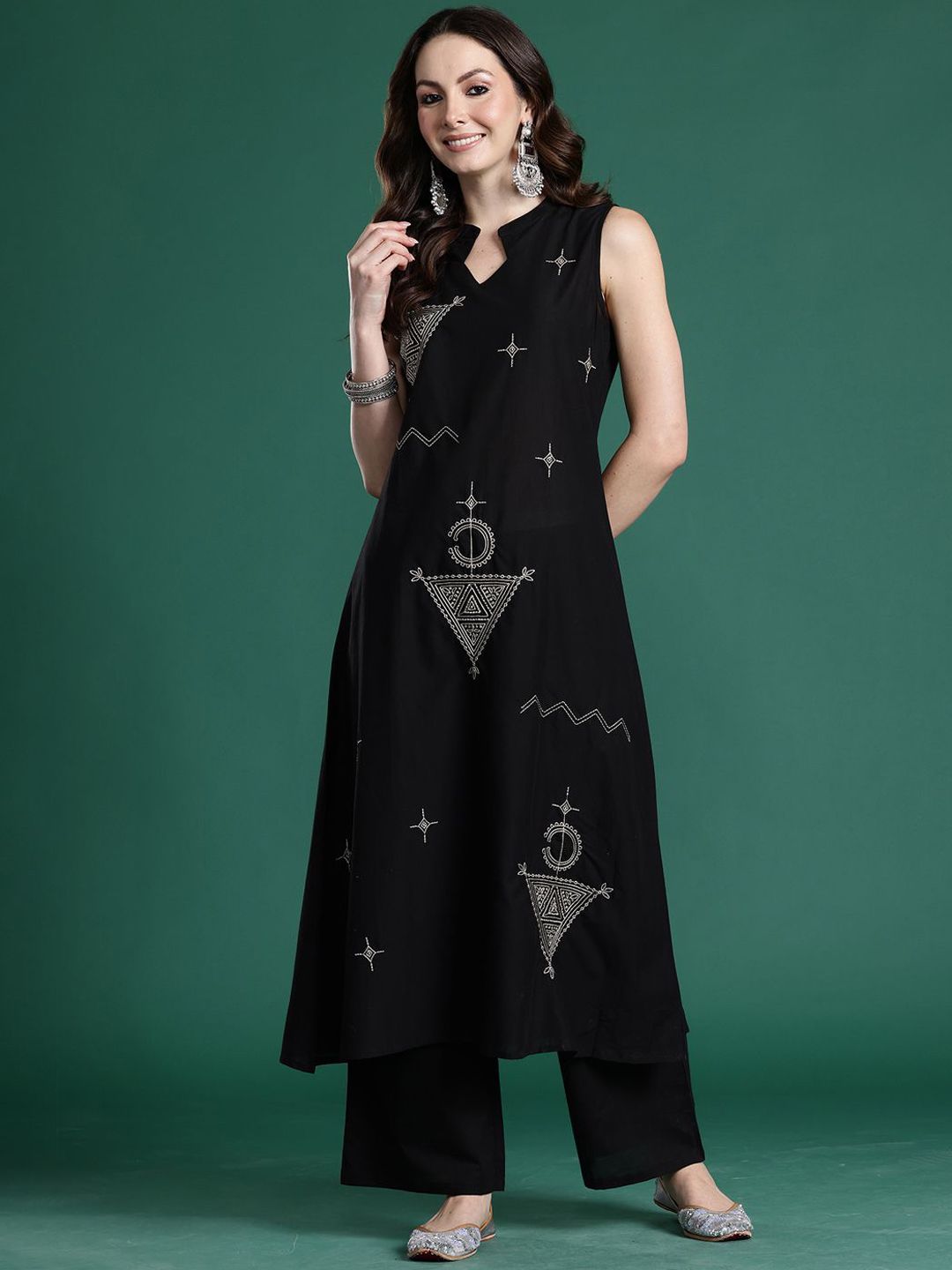 Indyancart IE Embroidered A-Line Top With Trousers Co-Ords