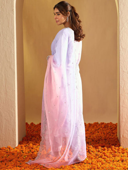 Indyancart IE Floral Embroidered Round Neck Zari Straight Kurta With Trousers & Dupatta