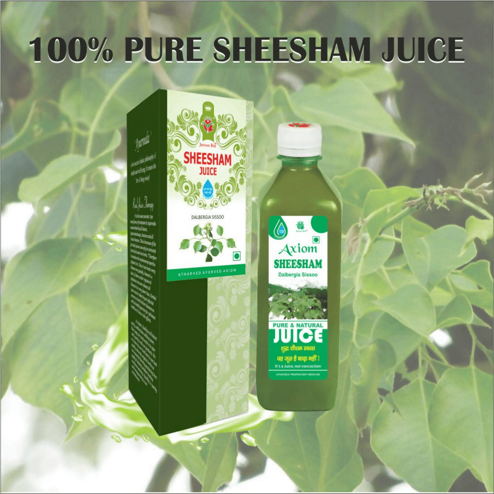 Axiom Sheesham Juice in a clear glass with fresh Sheesham leaves, showcasing the Ayurvedic drink's vibrant color and natural ingredients.