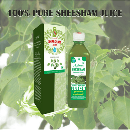 Axiom Sheesham Juice in a clear glass with fresh Sheesham leaves, showcasing the Ayurvedic drink's vibrant color and natural ingredients.