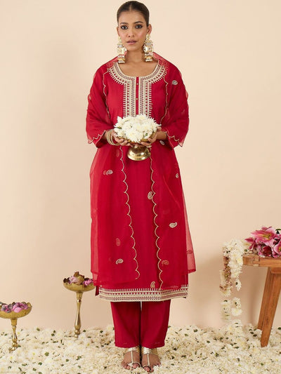 Indyancart IE Women Ethnic Motifs Embroidered Regular Kurta with Trousers & With Dupatta