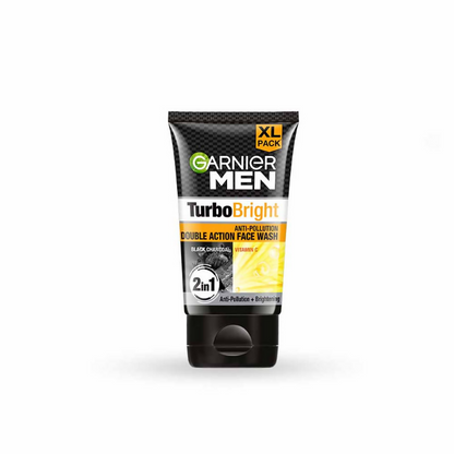 Garnier Men Turbo Bright Anti-Pollution Double Action Face Wash in a tube, designed for men's skincare and face cleansing