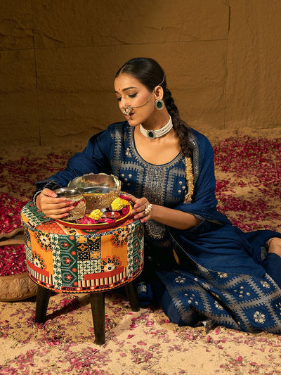 Indyancart IE Ethnic Motifs Embroidered Zari Straight Kurta with Trousers & Dupatta