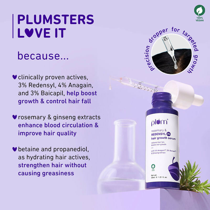 Plum Rosemary & 3% Redensyl Hair Growth Serum bottle showing the product label and applicator tip for hair strengthening.