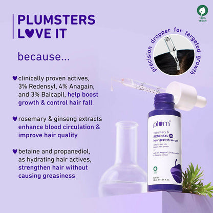 Plum Rosemary & 3% Redensyl Hair Growth Serum bottle showing the product label and applicator tip for hair strengthening.