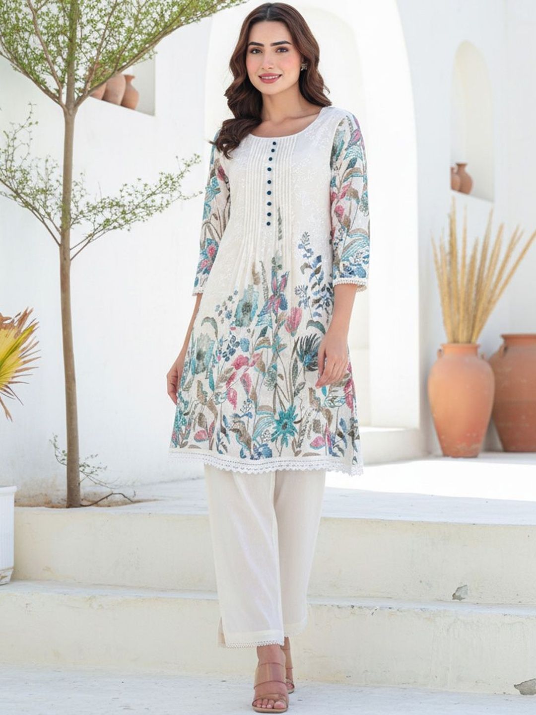 Women Floral Printed Panelled Thread Work Pure Cotton Kurta with Trousers