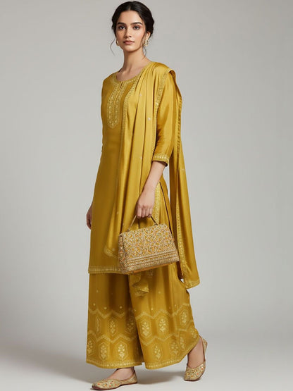 Indyancart VA Women Ethnic Motifs Embroidered Regular Thread Work Silk Crepe Kurta with Palazzos & With Dupatta