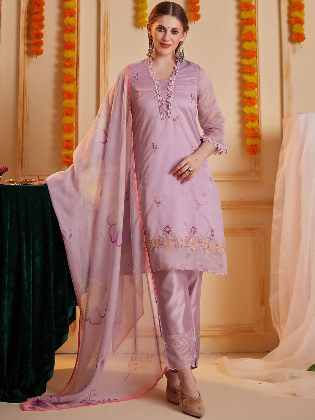 Indyancart SN Women's Floral Embroidered Notch Neck Thread Work Straight Kurta With Trouser & Dupatta