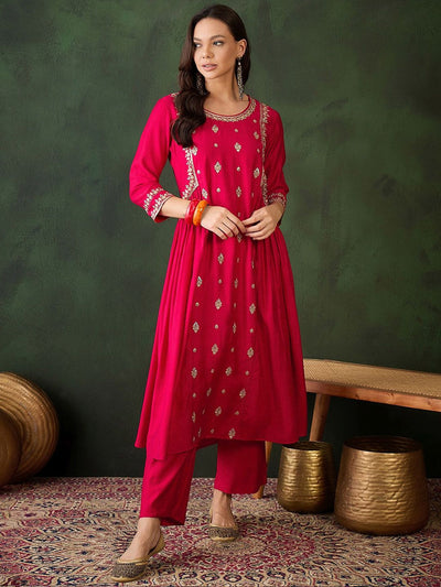 Indyancart SN Women's Floral Embroidered Round Neck Sequinned Anarkali Kurta With Trousers