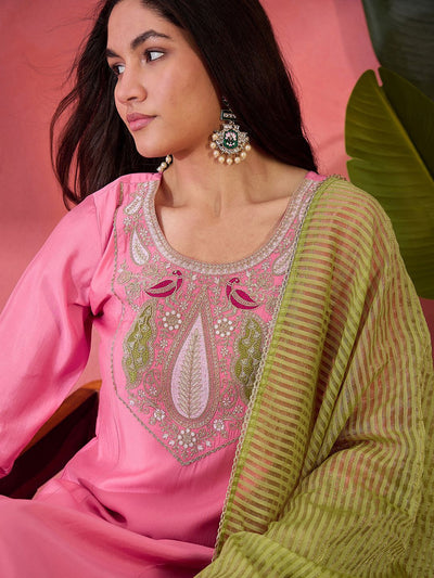 Indyancart SN Women's Pink Silk Blend Straight Zari Sequence Embroidered Kurta Pant with Dupatta