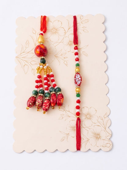 Anouk Set Of 2 Designer Red Artificial Beads Bhaiya Bhabhi Rakhi With Roli Chawal Chandan