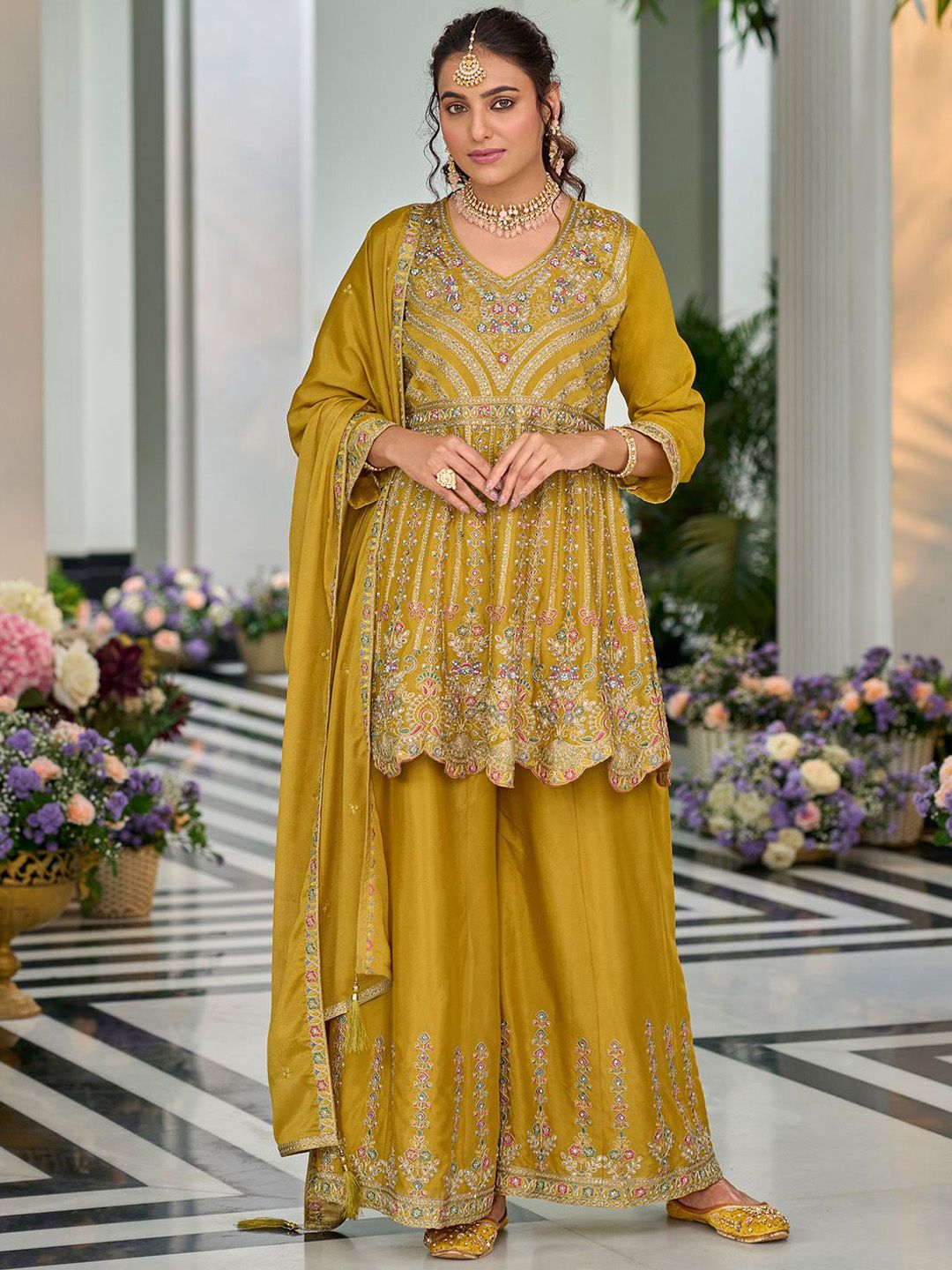 Indyancart IE Ethnic Motifs Embroidered V-Neck Sequinned Anarkali Kurti with Palazzos & Dupatta