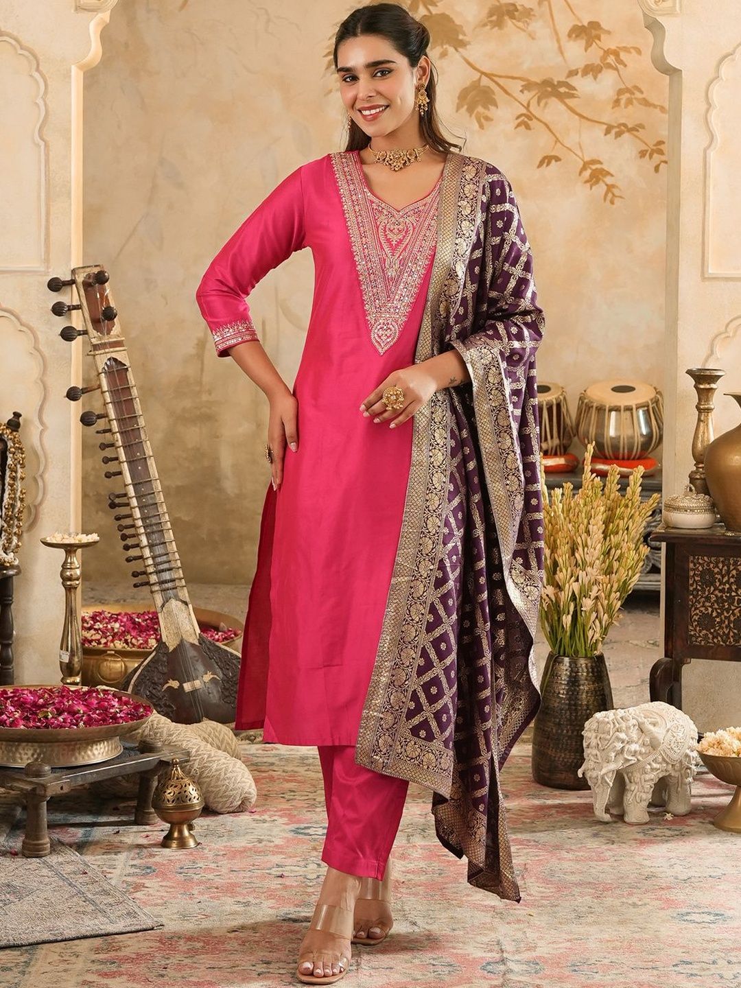 Women Ethnic Motifs Embroidered Regular Kurta with Trousers & Dupatta