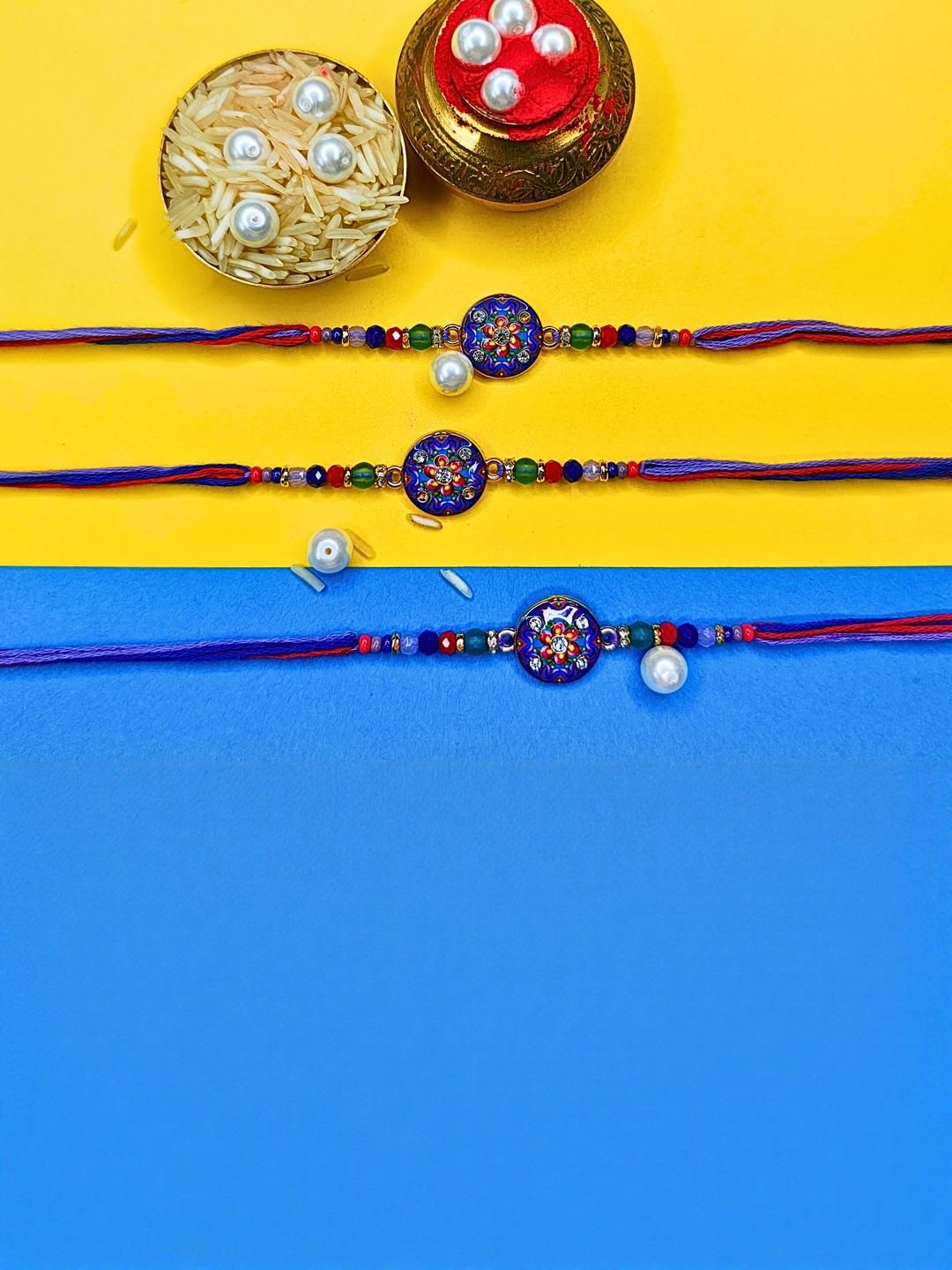 Anouk Set Of 3 Beaded Cotton Thread with AD Stones & Meenakari Designer Rakhi for Brother