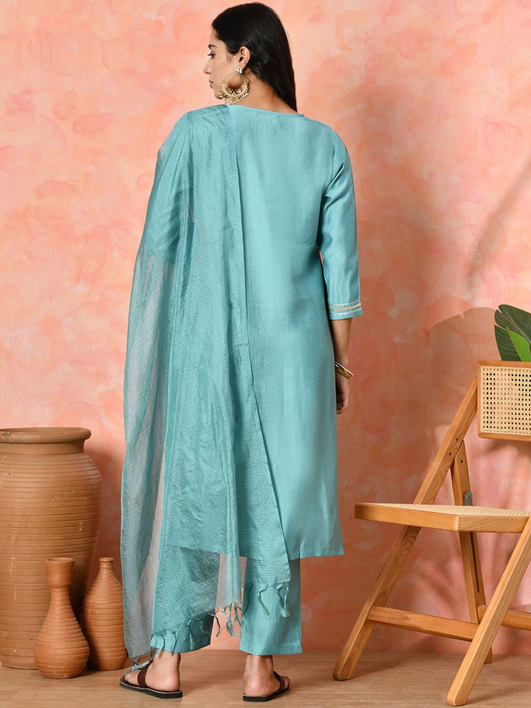 Indyancart SN Women's Solid Embroidered Kurta with Trousers & Dupatta