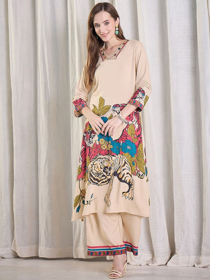 Dhiyona IE Printed Pure Cotton V-Neck Top With Palazzos Co-Ords