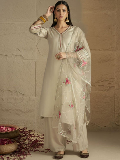 Indyancart VA Women Floral Regular Thread Work Kurta with Palazzos & With Dupatta