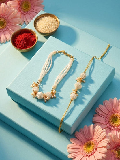 Anouk Set Of 2 Gold Toned & White Pearls Bhaiya Bhabhi Rakhi