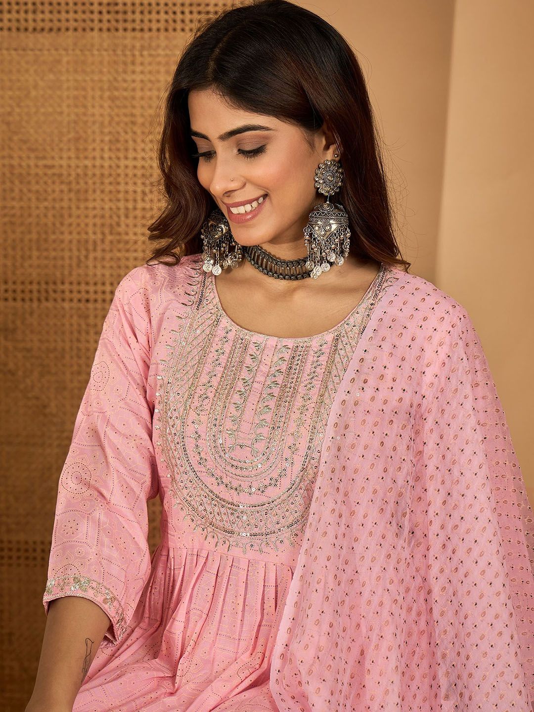 Indyancart SN Women's Floral Embroidered Sequinned A-line Kurta With Trousers & Dupatta