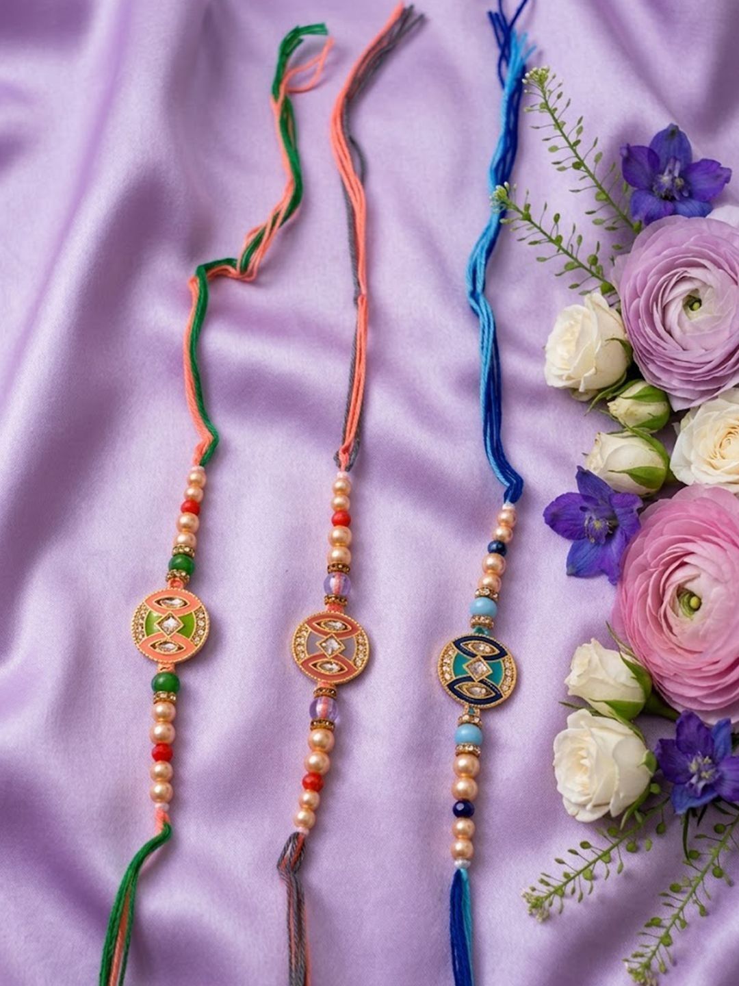 Anouk Set Of 3 Multicolor Artificial Stones & Beads Thread Rakhi With Roli Chawal Chandan