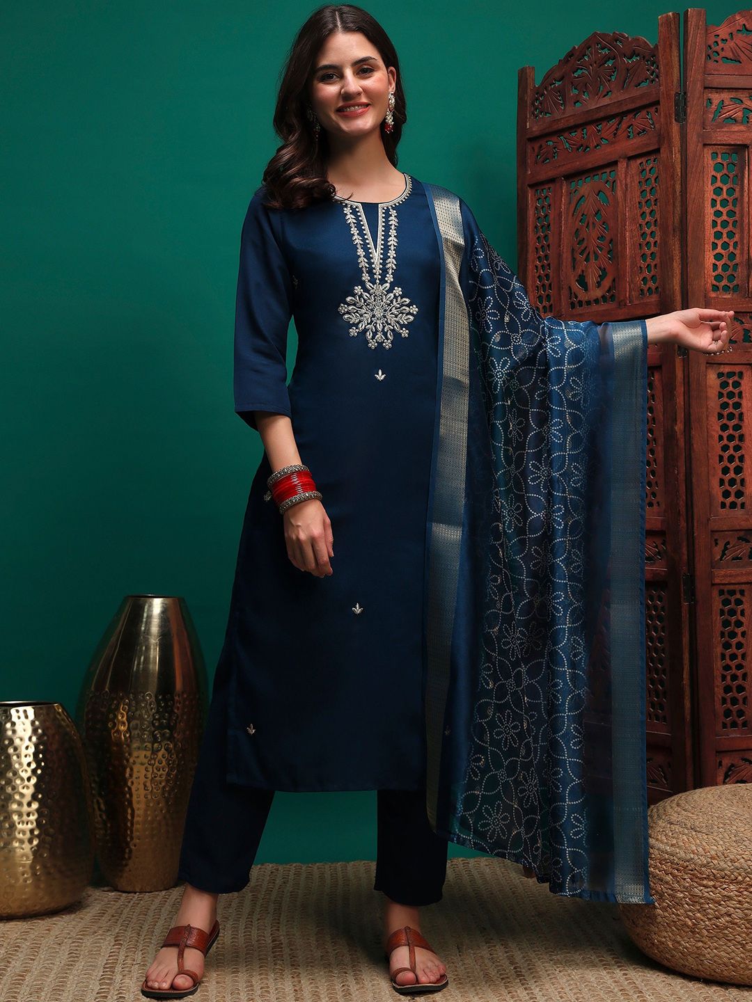 Indyancart SN Women's Sequin Embroidered Straight Kurta & Trousers With Dupatta