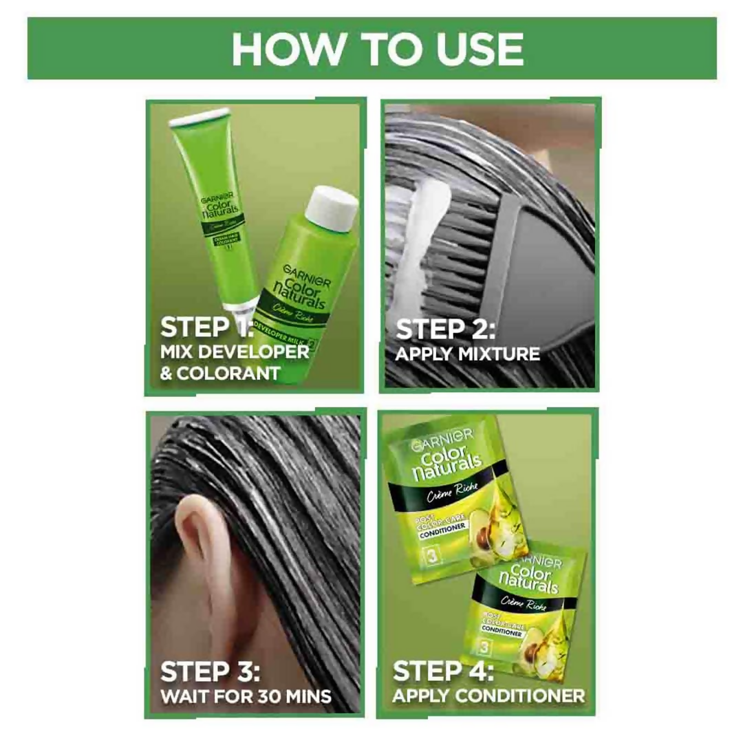 Garnier Color Naturals Creme Riche Hair Color in Shade 1 Natural Black, showing the hair dye box with black hair color swatch.