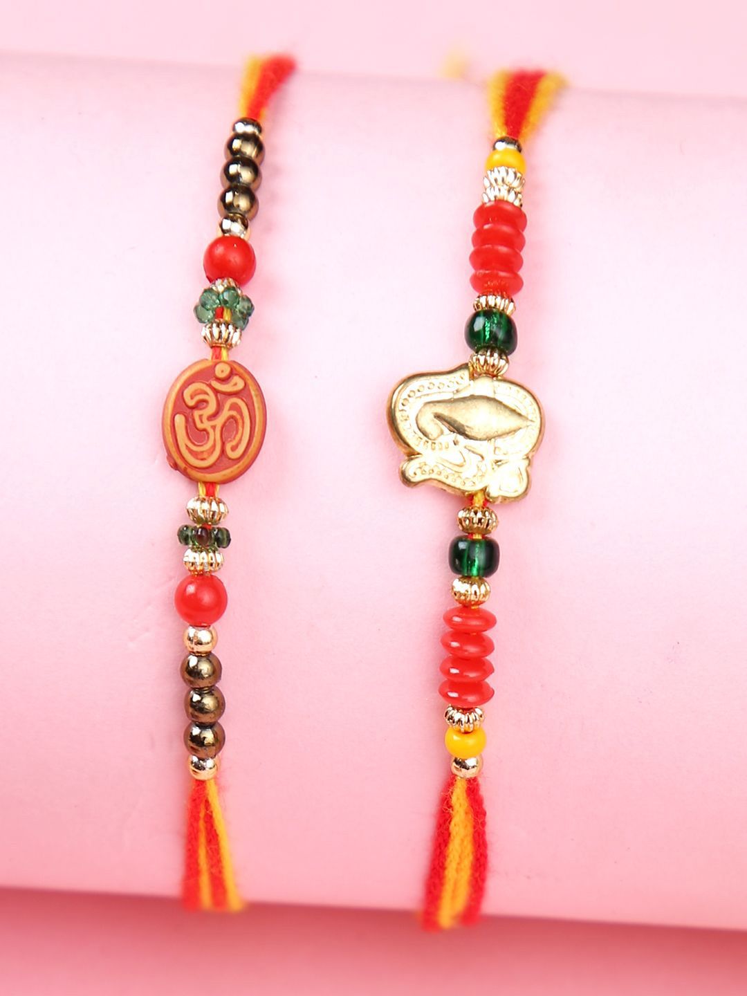 Anouk Set Of 2 Red Om & Lord Ganesh Beaded Rakhi With Roli Rice & Greeting Card