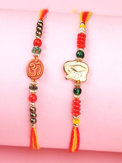 Anouk Set Of 2 Red Om & Lord Ganesh Beaded Rakhi With Roli Rice & Greeting Card