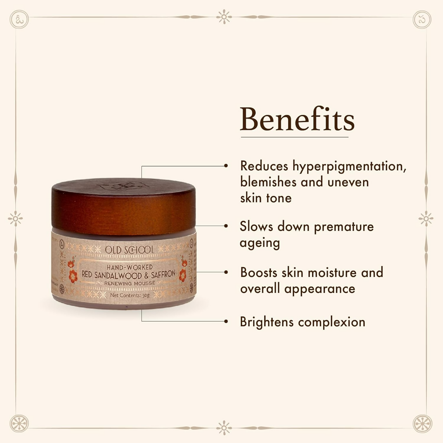 Old School Rituals Red Sandalwood and Saffron face moisturizer in a jar, showcasing its rich texture and luxurious packaging.