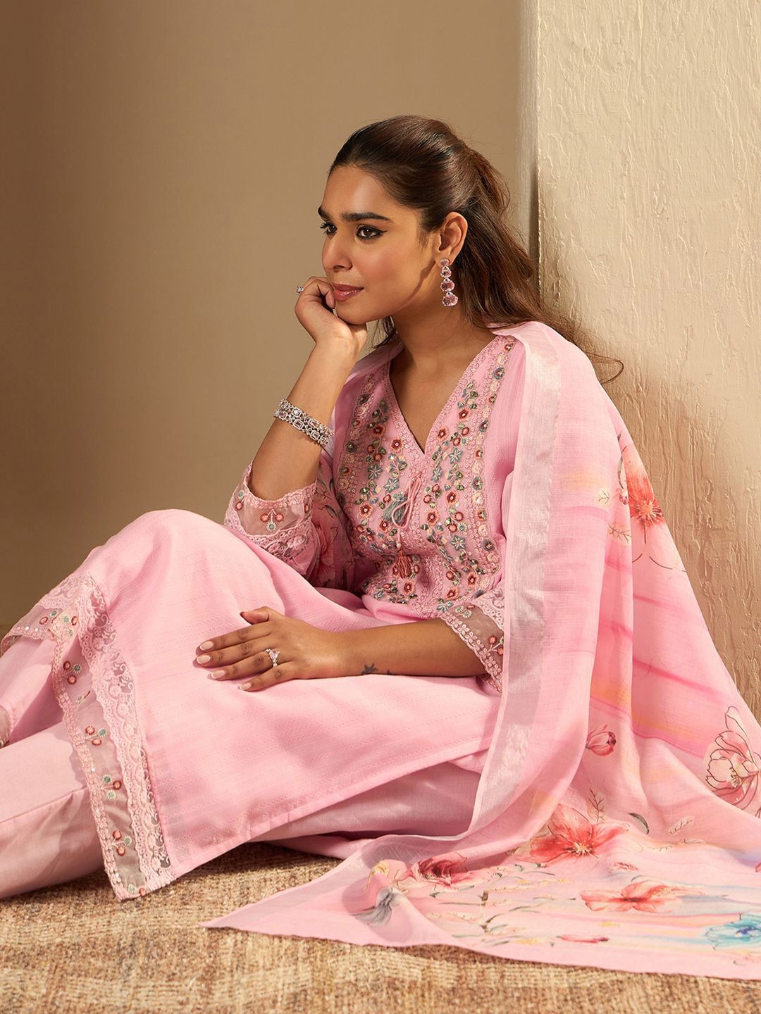 Dhiyona IE Floral Yoke Design Straight Thread Work Pure Cotton Kurta with Trousers & Dupatta