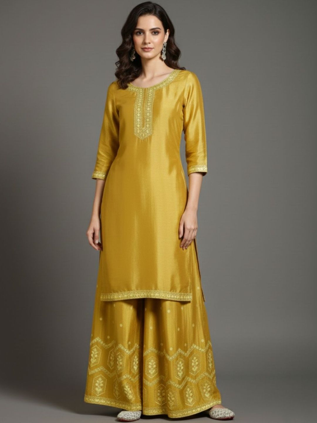 Indyancart VA Women Ethnic Motifs Embroidered Regular Thread Work Silk Crepe Kurta with Palazzos & With Dupatta