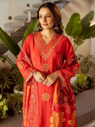 Indyancart IE Bandhani Embroidered Straight Sequinned Kurta With Palazzos & Dupatta