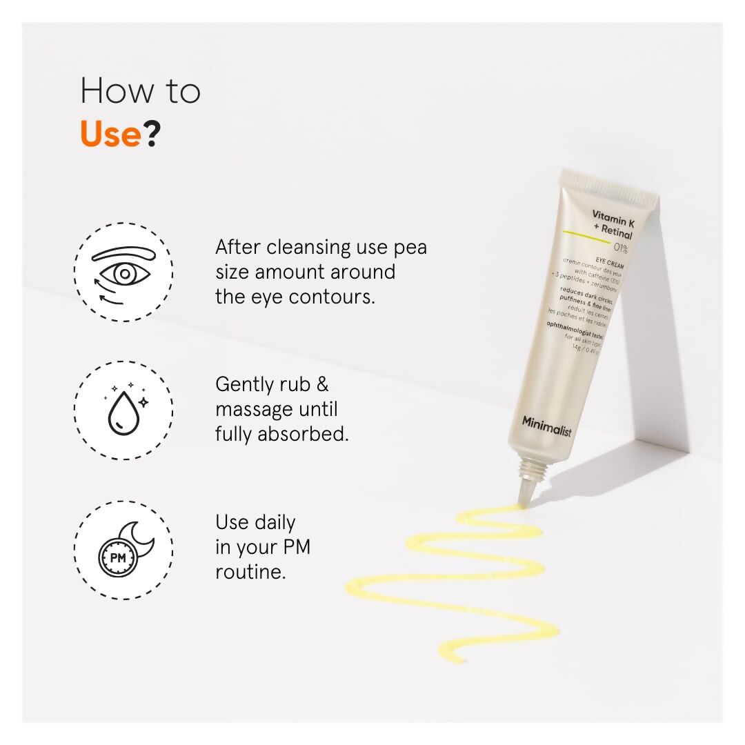 Minimalist Vitamin K + Retinal 1% eye cream tube with white and green packaging, designed for under eye skincare.