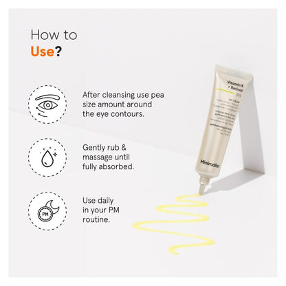 Minimalist Vitamin K + Retinal 1% eye cream tube with white and green packaging, designed for under eye skincare.