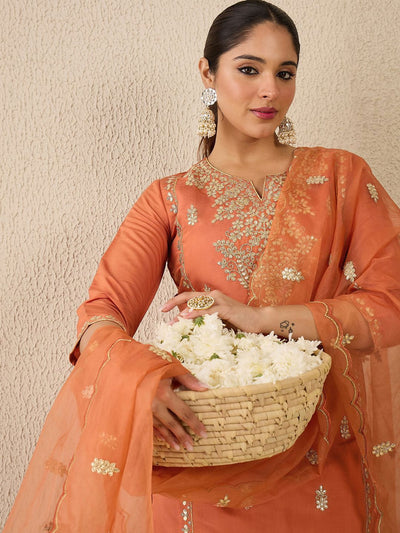 Indyancart IE Women's Ethnic Motifs Embroidered Thread Work Straight Kurta With Trousers & Dupatta
