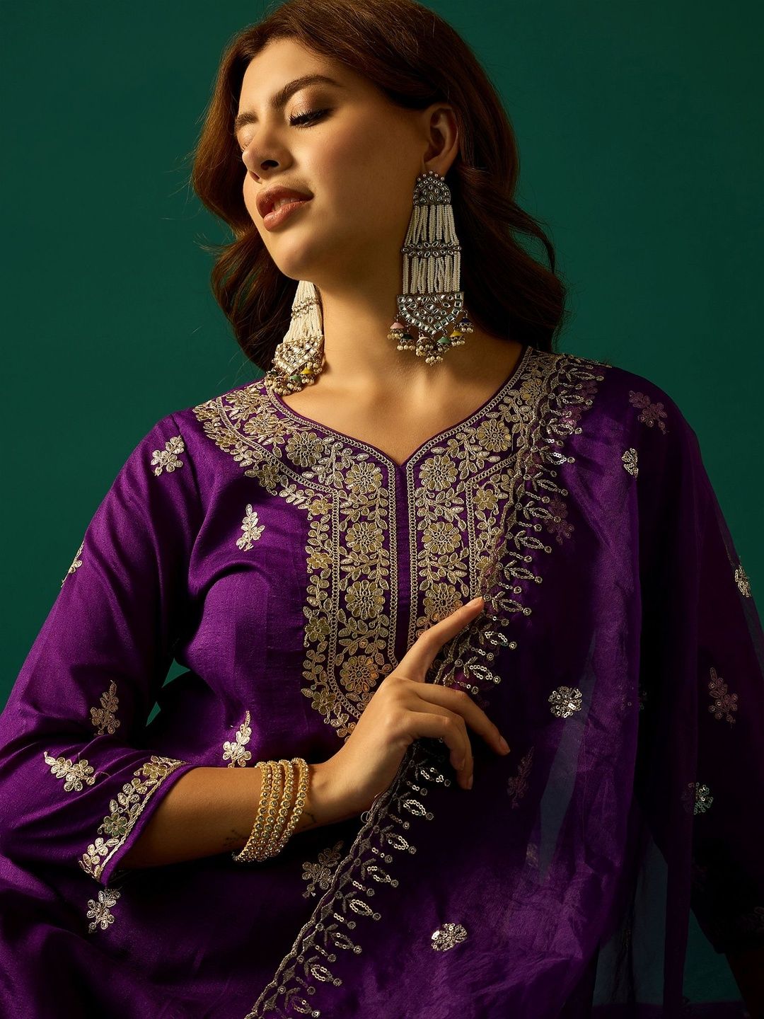 Indyancart VA Ethnic Motifs Embroidered Zari Kurta With Sharara & Dupatta